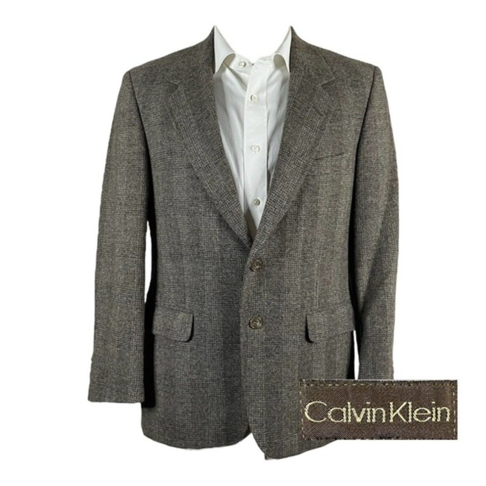Vintage Calvin Klein Sport Coat Blazer Mens 40S Brown Plaid Tweed‎ Wool